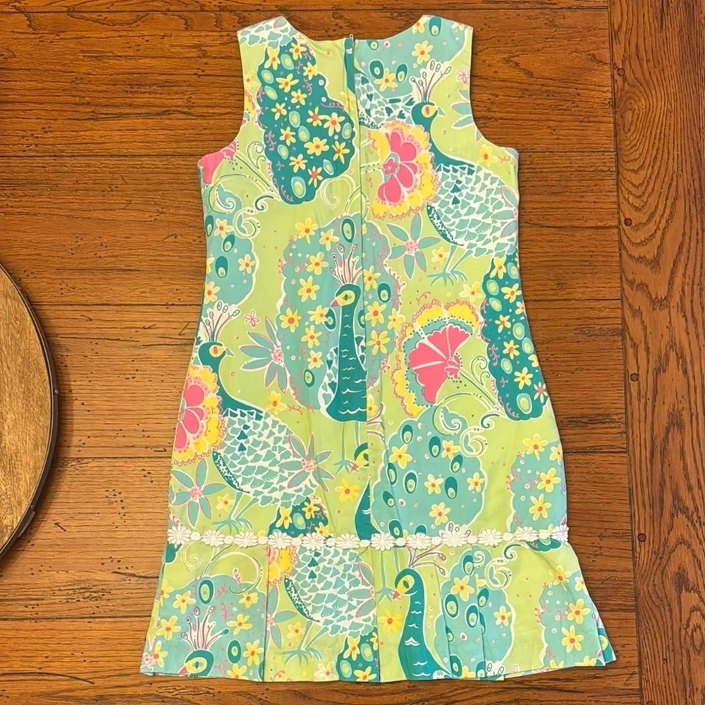 Vintage Lilly Pulitzer Yellow/Blue/green Ruffled Peacock dress 100% cotton